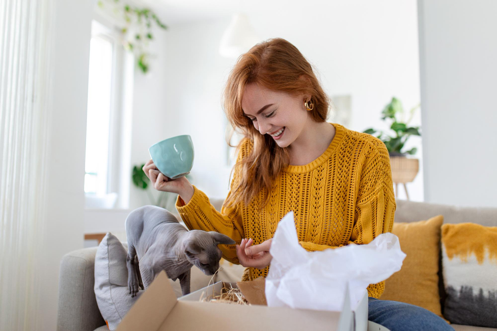 Chat domestique se faufilant parmi les cartons de déménagement, s'adaptant à sa nouvelle maison et chamboulant ses habitudes.