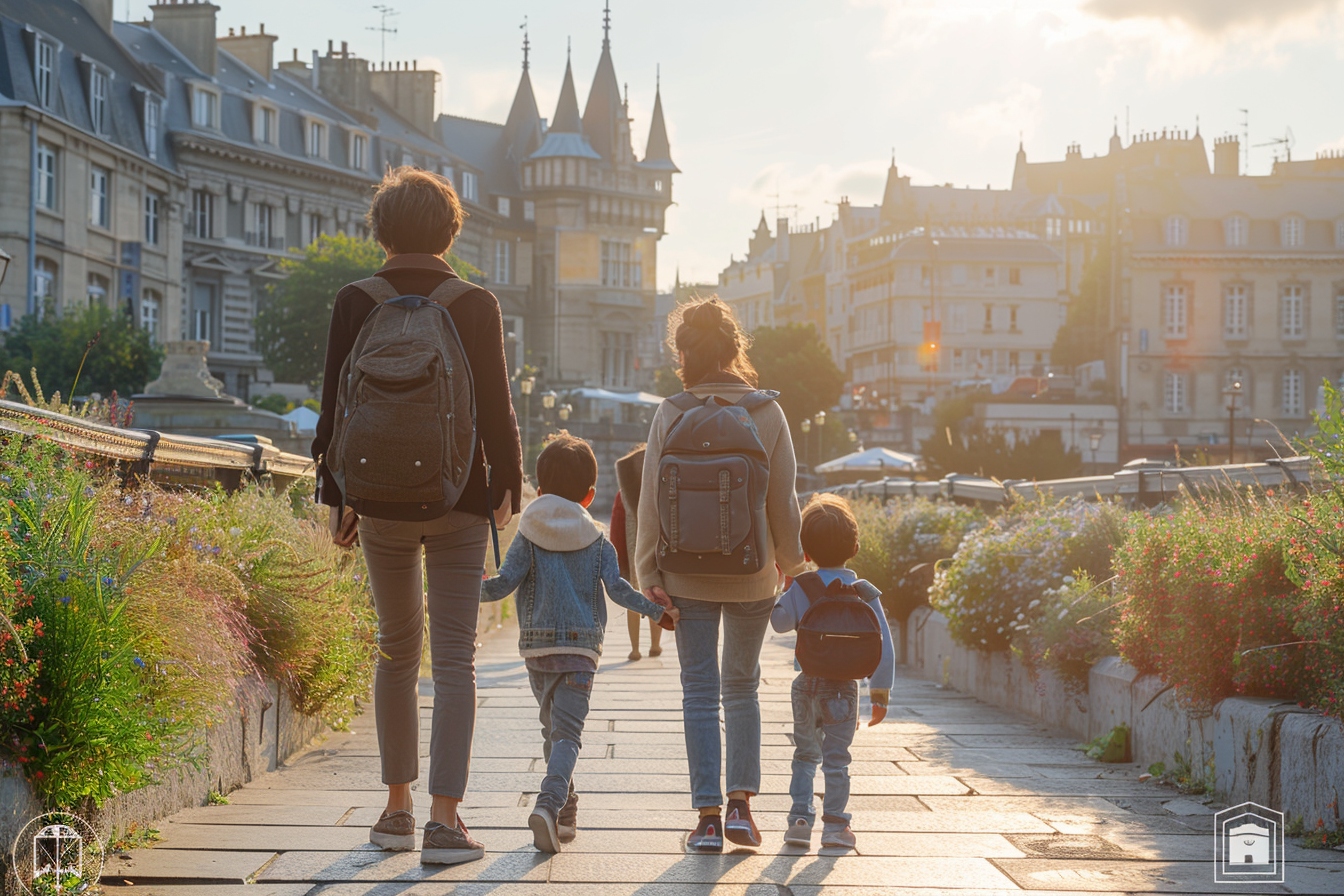 Enfants souriants marchant vers une école réputée d'Amiens sous un ciel bleu - symbolisant une éducation de qualité à Amiens