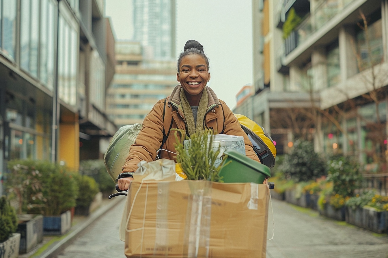 Personnes participant à un déménagement sans camion à Amiens, utilisant des méthodes innovantes et écologiques pour transporter des cartons et des meubles.