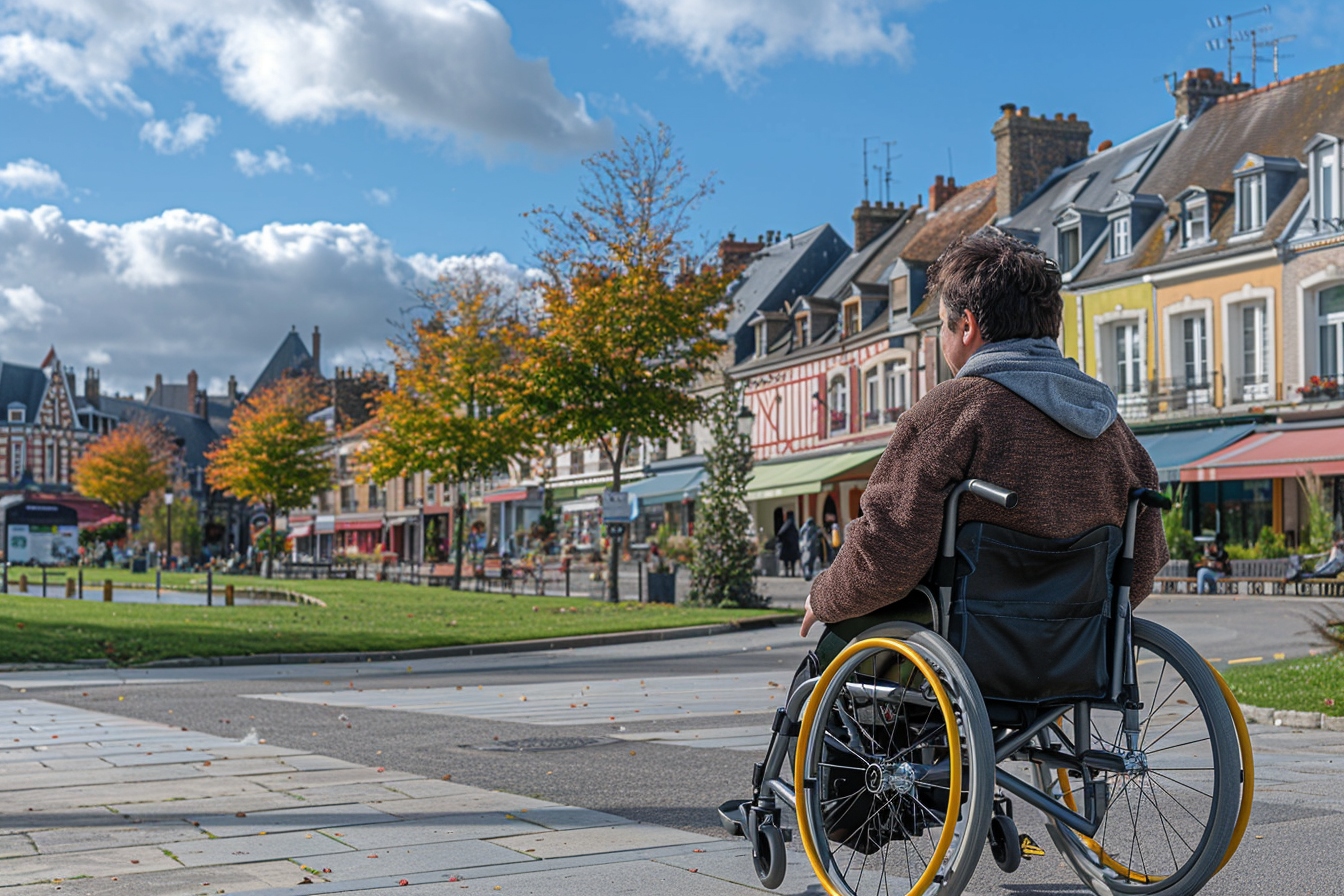 Personne en fauteuil roulant et déménageur professionnel souriant devant un camion de déménagement, symbolisant l'aide financière au déménagement pour personnes handicapées à Amiens.